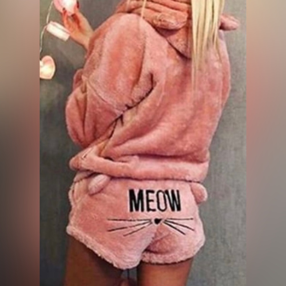 New Boho Peak Coral Pink Comfy Cat Kitty Pajama Set - S